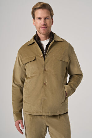  Erkek Bej Trend Çift Cepli Kadife Gömlek Ceket