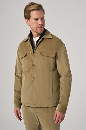  Erkek Bej Trend Çift Cepli Kadife Gömlek Ceket