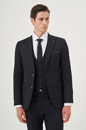  Erkek Lacivert Poliviskon Basic Yelekli Jakarlı Slim Fit Sivri Yaka Takım Elbse