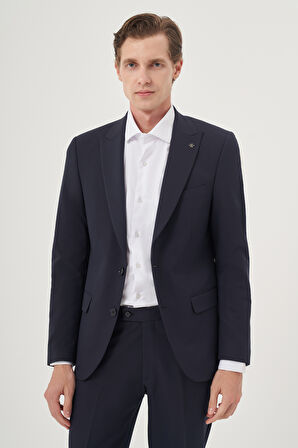 Erkek Lacivert Poliviskon Basic Düz Slim Fit Sivri Yaka Takım Elbise