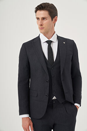  Erkek Lacivert Poliviskon Trend Desenli Slim Fit Sivri Yaka Yelekli Takım Elbise