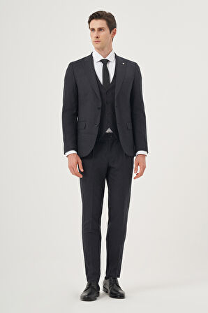  Erkek Lacivert Poliviskon Trend Desenli Slim Fit Sivri Yaka Yelekli Takım Elbise