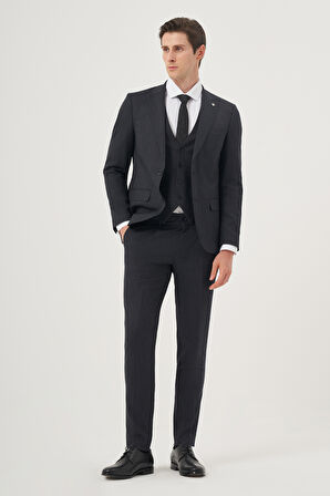  Erkek Lacivert Poliviskon Trend Desenli Slim Fit Sivri Yaka Yelekli Takım Elbise