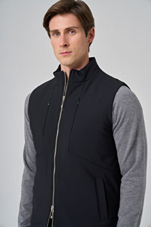  Erkek Siyah Polyamide Spor Gizli Cep Fermuarlı Yelek