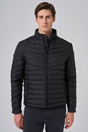  Erkek Siyah Polyester Kısa Kapitone Mont