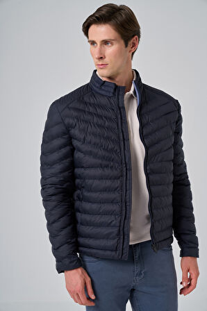  Erkek Lacivert Polyester Kısa Kapitone Mont