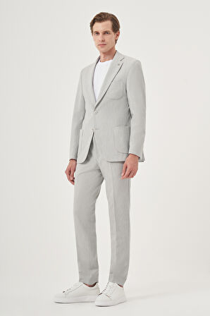  Erkek Gri Poliviskon Trend Çizgili Slim Fit Mono Yaka Takım Elbise