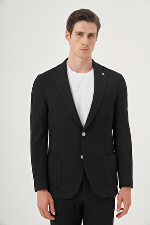  Erkek Siyah Poliviskon Trend Çizgili Slim Fit Mono Yaka Takım Elbise