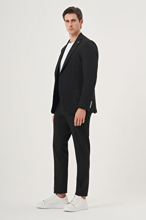  Erkek Siyah Poliviskon Trend Çizgili Slim Fit Mono Yaka Takım Elbise