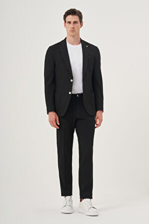  Erkek Siyah Poliviskon Trend Çizgili Slim Fit Mono Yaka Takım Elbise