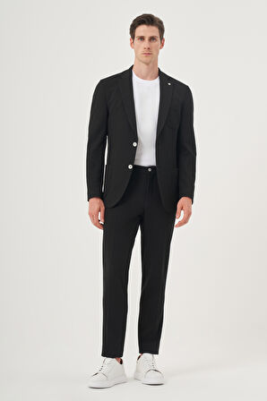  Erkek Siyah Poliviskon Trend Çizgili Slim Fit Mono Yaka Takım Elbise