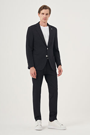  Erkek Lacivert Poliviskon Trend Çizgili Slim Fit Mono Yaka Takım Elbise