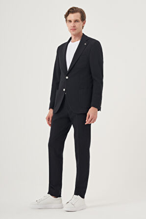  Erkek Lacivert Poliviskon Trend Çizgili Slim Fit Mono Yaka Takım Elbise