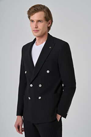  Erkek Siyah Poliviskon Trend Çizgili Slim Fit Sivri Yaka Kruvaze Takım Elbise