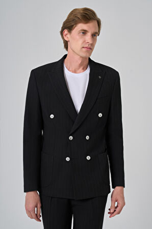  Erkek Siyah Poliviskon Trend Çizgili Slim Fit Sivri Yaka Kruvaze Takım Elbise