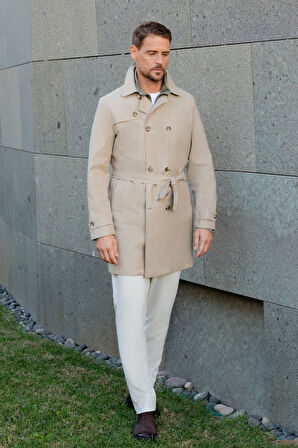  Erkek Bej Poliamit Kemerli Trençkot