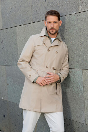  Erkek Bej Poliamit Kemerli Trençkot