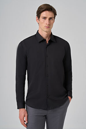  Erkek Siyah Slim Fit Sert Yaka Gömlek