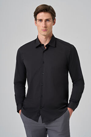 Erkek Siyah Slim Fit Sert Yaka Gömlek