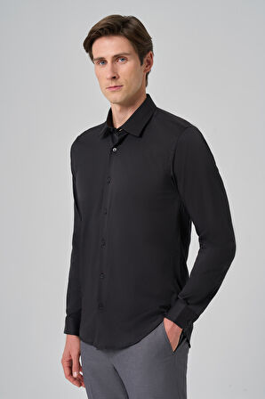  Erkek Siyah Slim Fit Sert Yaka Gömlek