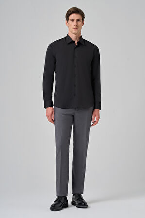  Erkek Siyah Slim Fit Sert Yaka Gömlek
