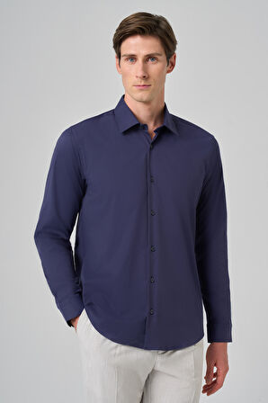  Erkek Lacivert Slim Fit Sert Yaka Gömlek