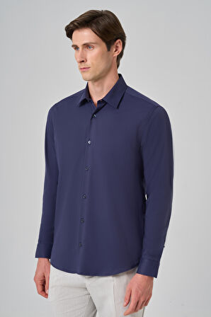  Erkek Lacivert Slim Fit Sert Yaka Gömlek