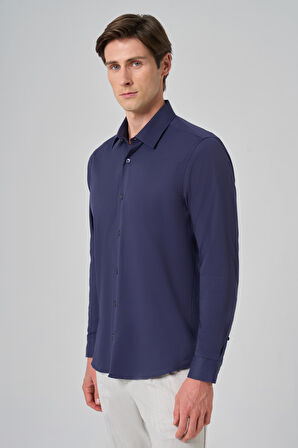  Erkek Lacivert Slim Fit Sert Yaka Gömlek