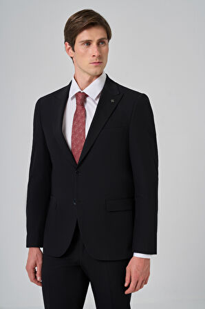  Erkek Siyah Poliviskon Basic Slim Fit Sivri Yaka Takım Elbise