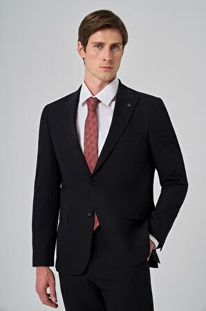  Erkek Siyah Poliviskon Basic Slim Fit Sivri Yaka Takım Elbise