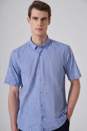  Erkek Mavi Trend Regular Fit Düğmeli Yaka Kısa Kollu Gömlek