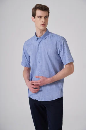  Erkek Mavi Trend Regular Fit Düğmeli Yaka Kısa Kollu Gömlek