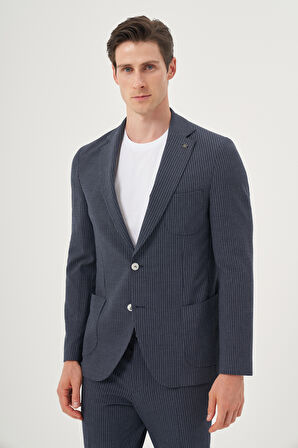  Erkek Lacivert Poliviskon Trend Çizgili Slim Fit Mono Yaka Takım Elbise