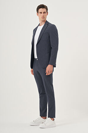  Erkek Lacivert Poliviskon Trend Çizgili Slim Fit Mono Yaka Takım Elbise