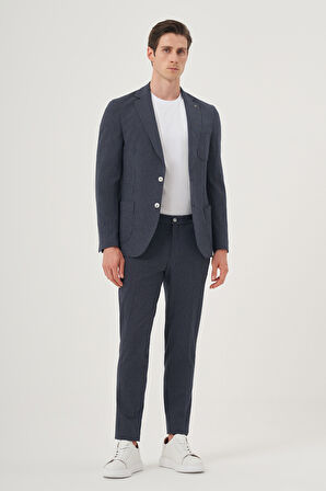  Erkek Lacivert Poliviskon Trend Çizgili Slim Fit Mono Yaka Takım Elbise