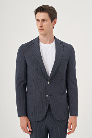  Erkek Lacivert Poliviskon Trend Çizgili Slim Fit Mono Yaka Takım Elbise