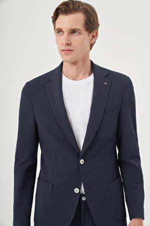  Erkek İndigo Poliviskon Trend Çizgili Slim Fit Mono Yaka Takım Elbise