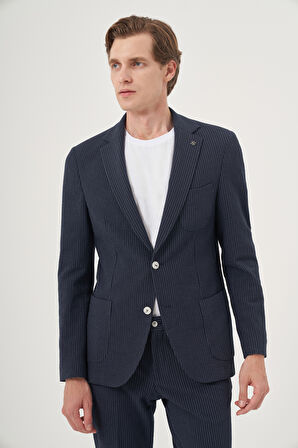  Erkek İndigo Poliviskon Trend Çizgili Slim Fit Mono Yaka Takım Elbise