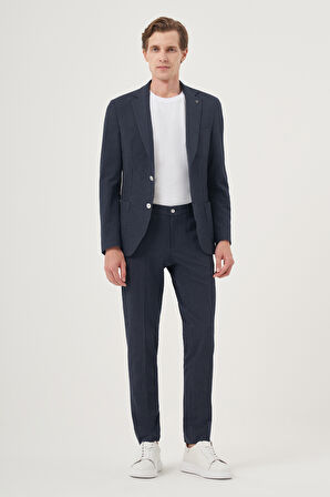  Erkek İndigo Poliviskon Trend Çizgili Slim Fit Mono Yaka Takım Elbise