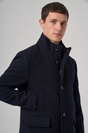  Erkek Lacivert Yünlü Dynamic Fit Borgio Çıkma Yakalı Kaban