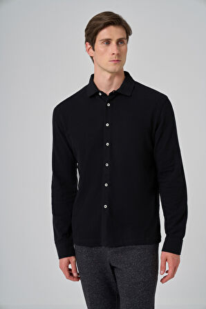  Erkek Siyah Pamuk Trend Ağaç Kabuğu Desen Dinamik Fit İtalyan Yaka Gömlek