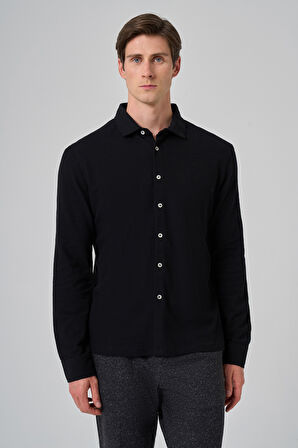  Erkek Siyah Pamuk Trend Ağaç Kabuğu Desen Dinamik Fit İtalyan Yaka Gömlek