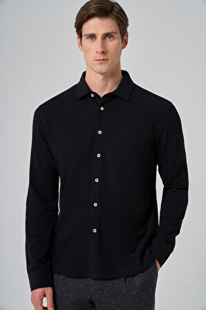  Erkek Siyah Pamuk Trend Ağaç Kabuğu Desen Dinamik Fit İtalyan Yaka Gömlek