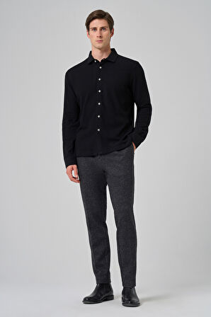  Erkek Siyah Pamuk Trend Ağaç Kabuğu Desen Dinamik Fit İtalyan Yaka Gömlek