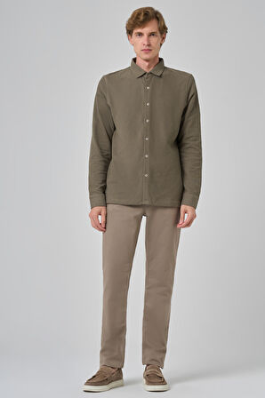  Erkek Haki Pamuk Trend Ağaç Kabuğu Desen Dinamik Fit İtalyan Yaka Gömlek