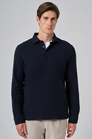  Erkek Lacivert Pamuk Trend Ağaç Kabuğu Desen Dinamik Fit Polo Yaka Sweat-Shirt