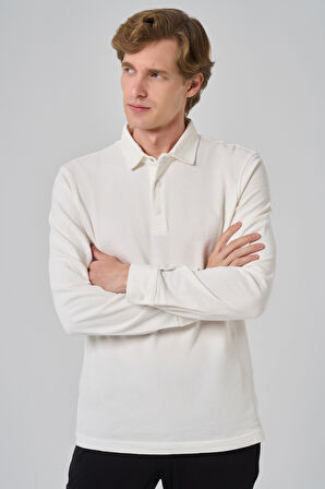  Erkek Ekru Pamuk Trend Ağaç Kabuğu Desen Dinamik Fit Polo Yaka Sweat-Shirt