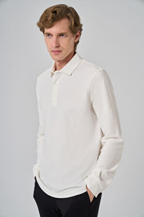  Erkek Ekru Pamuk Trend Ağaç Kabuğu Desen Dinamik Fit Polo Yaka Sweat-Shirt