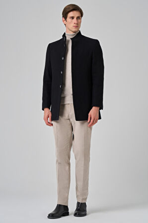  Erkek Siyah Yünlü Düz Dynamic Fit Hakim Yaka Kaban