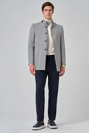  Erkek Gri Yünlü Düz Dynamic Fit Hakim Yaka Kaban